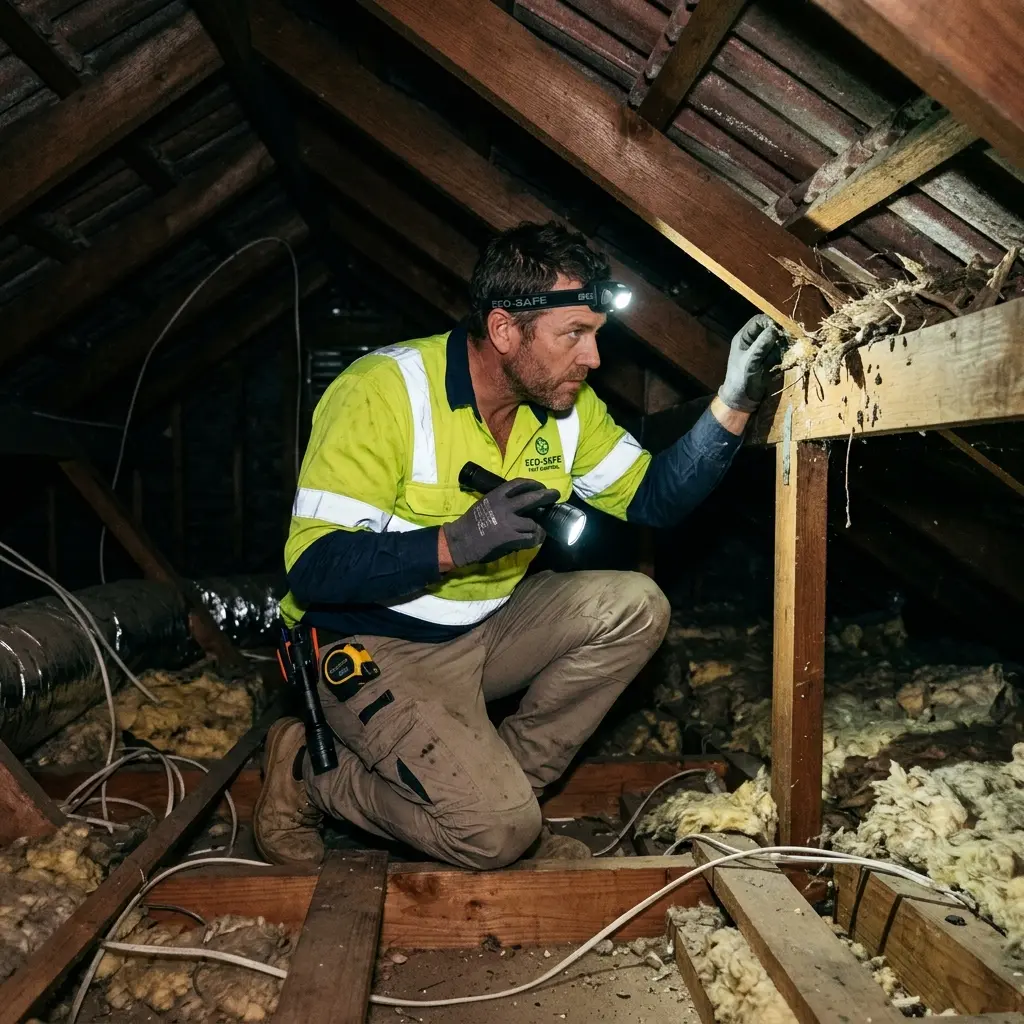 Technician inspecting a Narre Warren roof cavity for a dead possum